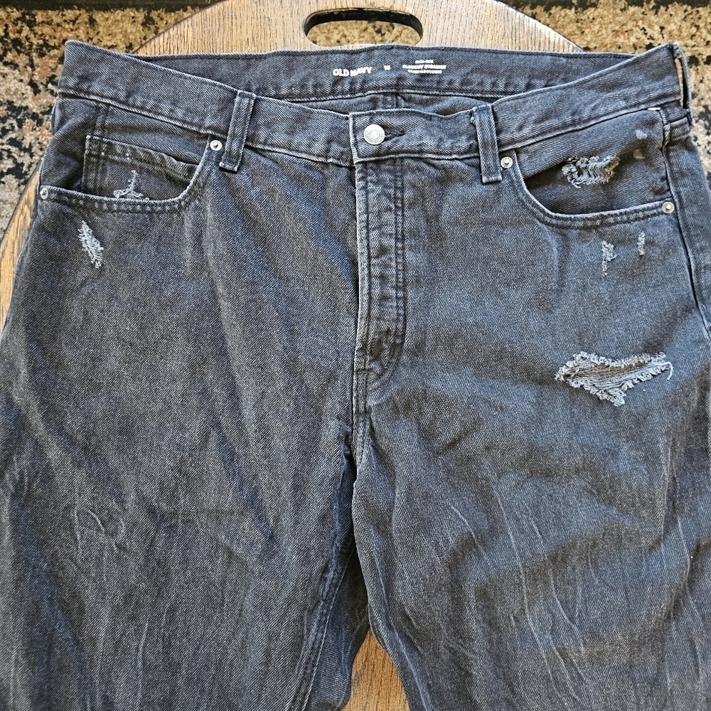 Old Navy High Rise Slouchy Straight Black Distressed Buttonfly Jeans Size 16 - Picture 3 of 12